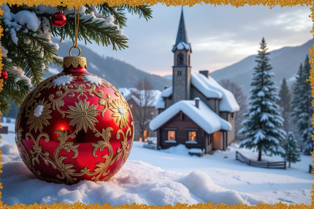Red Christmas ornament with gold design in snow, church and trees in background, festive Christmas scene.の素材
