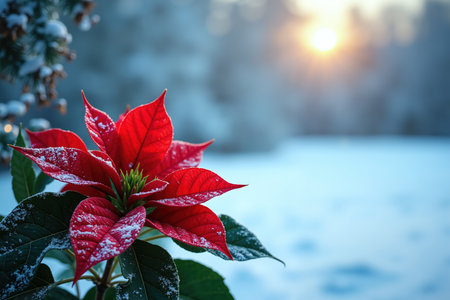Red poinsettia with snow-covered leaves in a serene winter scene with snow and trees.の素材