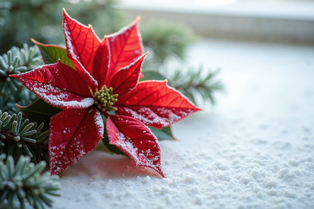 Red poinsettia with snowflakes on its leaves lies on a snowy surface surrounded by evergreen branches.の素材