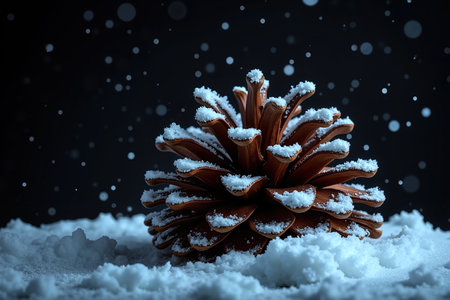 Large pinecone covered in snow on a snowy surface, against a dark background with snowflakes falling.の素材