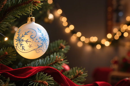 A white Christmas ball with blue snowflakes on a tree with red ribbon and lights in the background.の素材
