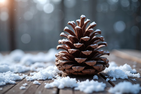 A pine cone surrounded by snow on a wooden table, with a blurred background, evoking a Christmas atmosphere.の素材