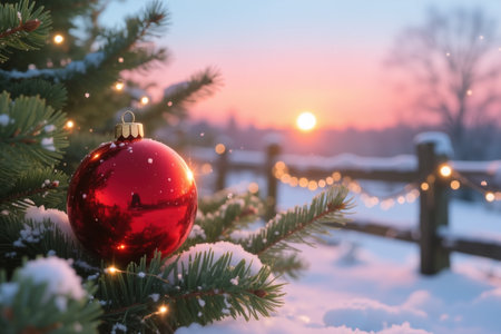 Red Christmas ornament on snowy tree branch, surrounded by lights, with a snowy landscape and a fence in the background at sunset.の素材