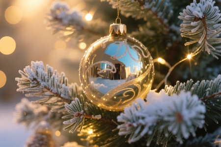 Golden ornament hangs from snowy evergreen branches, surrounded by warm lights, creating a cozy Christmas atmosphere.の素材