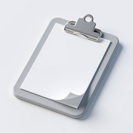 A minimalist illustration of a silver clipboard holding blank paper, symbolizing organization and note-taking, set against a clean white background.の素材