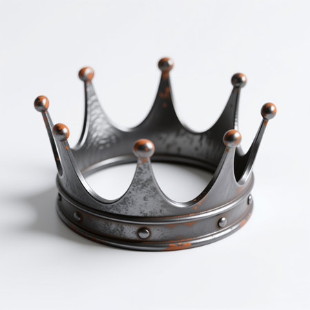 A distressed metal crown with rusty accents, symbolizing power and nobility, is set against a clean white background, showing its intricate details.の素材