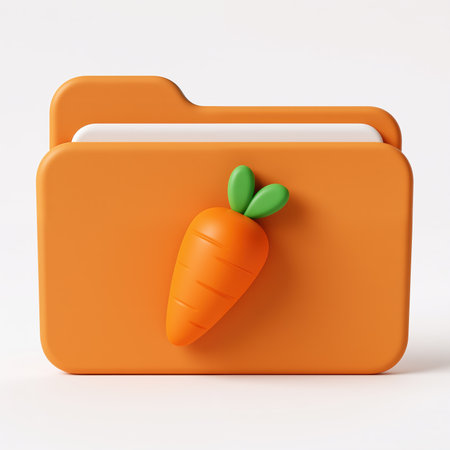 A minimalist digital illustration of an orange file folder with a carrot icon, symbolizing organization and healthy data storage, against a clean white background.の素材