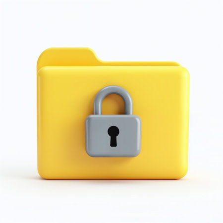A bright yellow folder icon with a gray padlock symbolizing security and data protection, conveying a sense of confidentiality and safety.の素材