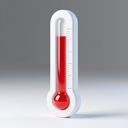 A realistic white thermometer with red liquid, symbolizing temperature, on a gray gradient background, showing a sleek and modern design style.の素材