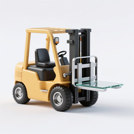 A minimalist digital illustration of a yellow forklift with a black seat, silver forks, and a glass pallet, symbolizing industrial efficiency and modern technology.の素材