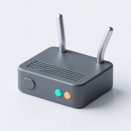 Modern gray router with two silver antennas and status lights, symbolizing wireless connectivity and internet access, on a clean white background.の素材
