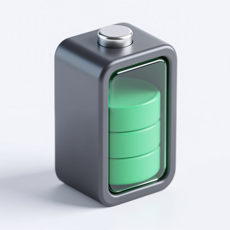 A sleek gray battery icon with a green charge level indicator, symbolizing energy storage and power, set against a clean white background.の素材