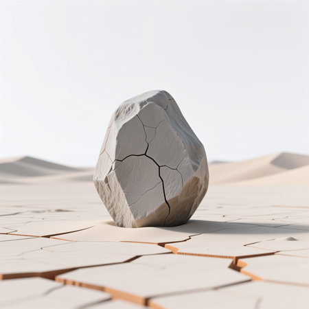 A large, gray stone, cracked and worn, sits on parched, fragmented earth, symbolizing desolation and environmental degradation in a minimalist, beige-toned desert landscape.の素材