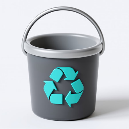 A gray metal bucket with a handle, featuring a teal recycling symbol, set against a plain white background, conveying eco-friendliness.の素材