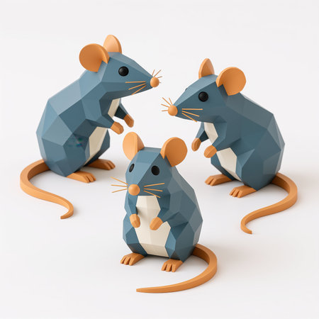 Low poly art style illustration of three mice with blue and white bodies, orange ears, and long tails on a plain white background symbolizing simplicity and minimalism.の素材