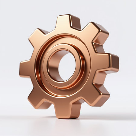 A highly detailed, realistic illustration of a copper-colored gear with a smooth, metallic finish, symbolizing machinery and mechanical precision, against a clean white background.の素材