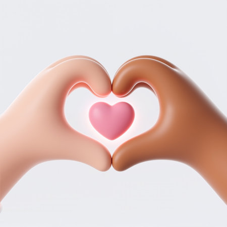 A digital illustration of two hands, one light-skinned and one dark-skinned, forming a heart shape around a pink heart symbol, representing love and unity.の素材
