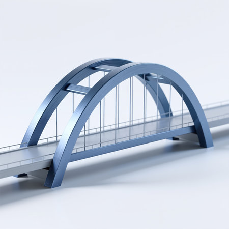Modern, sleek, blue arched bridge with metal railings, symbolizing connection and unity, set against a clean white background, conveying simplicity and elegance.の素材