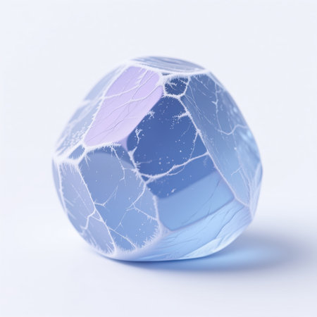 A cracked blue orb with white highlights on a white background, symbolizing fragility and imperfection, in a realistic photography style.の素材