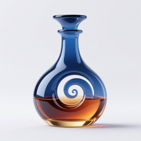 A luxurious, high-end bottle with a blue glass body, white spiral pattern, and amber liquid, symbolizing elegance and sophistication, against a clean white background.の素材