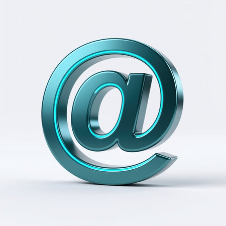 Teal metallic symbol on white background, representing email, with subtle shadow and glowing edges, symbolizing digital communication and online messaging.の素材