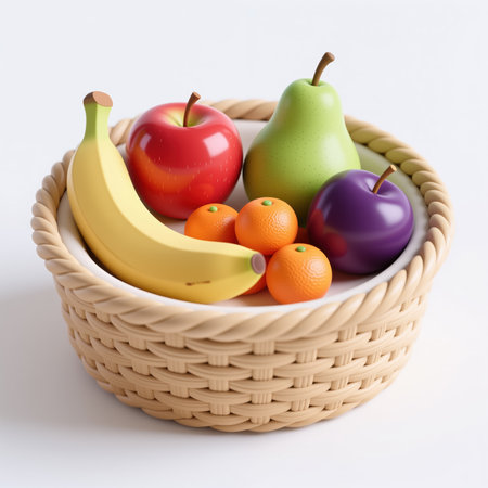 A colorful arrangement of fruit in a woven basket on a white background, symbolizing abundance and health.の素材