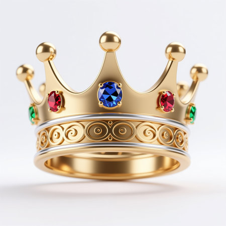 A gold crown ring adorned with red, blue, and green jewels on a white background, symbolizing royalty and power.の素材