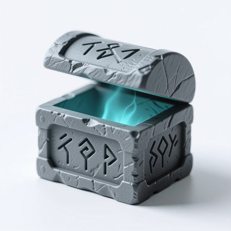 A highly detailed, realistic illustration of a stone box with intricate runes, emitting a soft blue glow, symbolizing ancient knowledge and mysticism.の素材