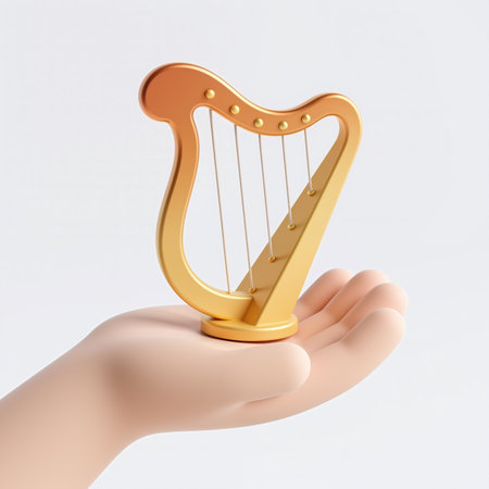 A hand holds a golden lyre, symbolizing creativity, music, and harmony, against a clean white background, representing art and culture.の素材