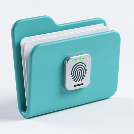 A teal-colored folder with a white fingerprint scanner on the front, symbolizing secure access to sensitive information, set against a clean white background.の素材