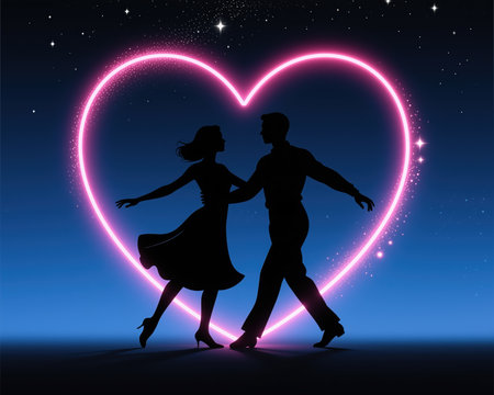 Valentines Day illustration of silhouetted couple dancing under a heart-shaped neon light, surrounded by a starry night sky, in a minimalist and romantic style.の素材