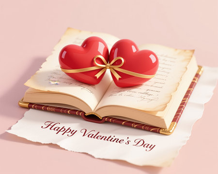 A digital illustration of two red hearts on an open book, symbolizing love, for Valentines Day with a Happy Valentines Day message.の素材