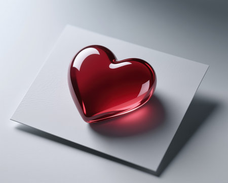 Realistic Valentines Day illustration featuring a shiny red heart on a white card with subtle shadow effects and textured background.の素材