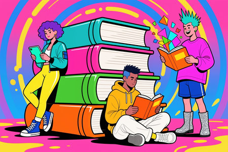 Three young adults, surrounded by a stack of giant books, engaged in reading activities, set against a dynamic, swirling background of pink, blue, and yellow hues.の素材