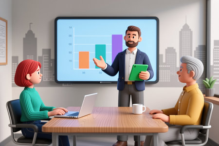 Colleagues gathered around a table as a man presents data on a screen, in a cartoon style, with a cityscape background and office decor.の素材