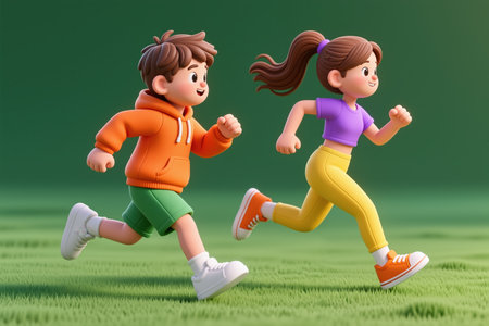 Cartoon boy and girl jogging side by side in a green field, wearing vibrant, colorful outfits, in a playful, animated style.の素材