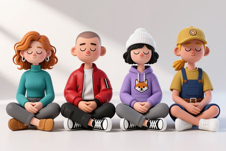 Cartoon characters in various outfits sit cross-legged, eyes closed, in a meditative pose, against a soft, white background with subtle shading.の素材