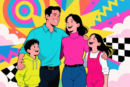 Vibrant cartoon family embracing and smiling, set against a bright, dynamic background with checkered patterns and abstract shapes, showcasing a joyful, lively atmosphere and playful style.の素材