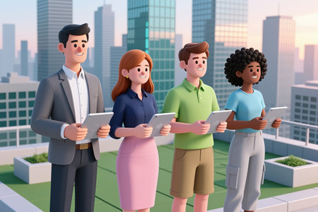Four cartoon individuals standing together on a rooftop holding tablets, smiling, in a cartoonish style, against a cityscape background with tall buildings.の素材
