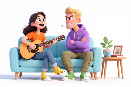 Cartoon couple sitting on blue sofa, girl playing guitar, man looking unhappy, relaxed atmosphere, white background, casual clothing, furniture and decor nearby.の素材