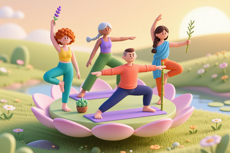 Four individuals in yoga poses on a large pink lotus flower, surrounded by a serene landscape with a pond and flowers in the background.の素材