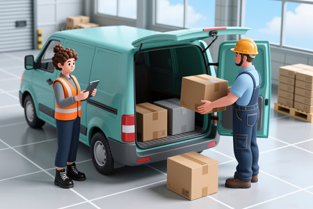 Warehousing staff loading/unloading packages from vehicle, checking inventory on a tablet, wearing safety gear, in a warehouse with large windows and industrial flooring.の素材