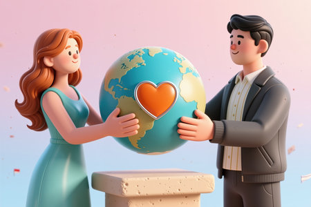 Man and woman holding a globe with a heart, standing on either side of a pedestal, against a pastel pink and blue background, smiling at each other.の素材