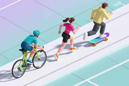 Man cycling, woman running, and man skateboarding on a white track with teal background, showcasing dynamic movement and vibrant colors.の素材