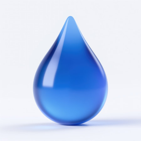 A large, blue, teardrop-shaped object with a shiny surface, symbolizing water or liquid, set against a plain white background with subtle shading.の素材