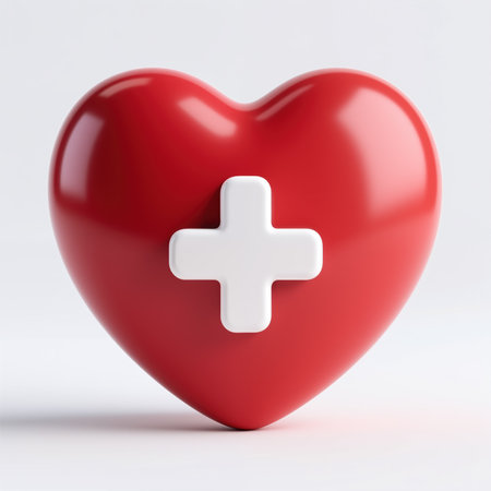 A shiny red heart with a white medical cross on a plain white background, symbolizing health and medical care.の素材