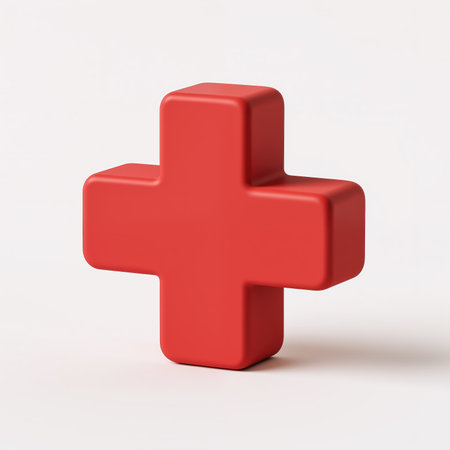 A red plus sign is depicted in a minimalist style, symbolizing addition, positivity, and medical care, against a clean white background.の素材