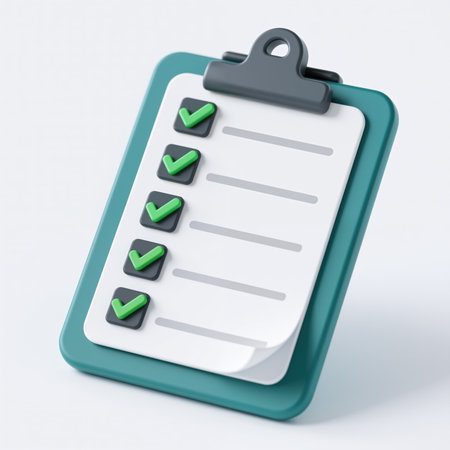 A 3d illustration of a white checklist with green checkmarks on a teal clipboard with a gray clip, symbolizing completion and verification.の素材