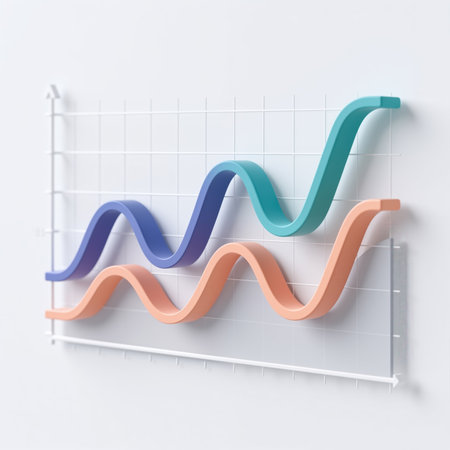 Modern illustration of wavy lines on a grid graph, symbolizing trends and data, with a minimalist white background and soft pastel colors.の素材