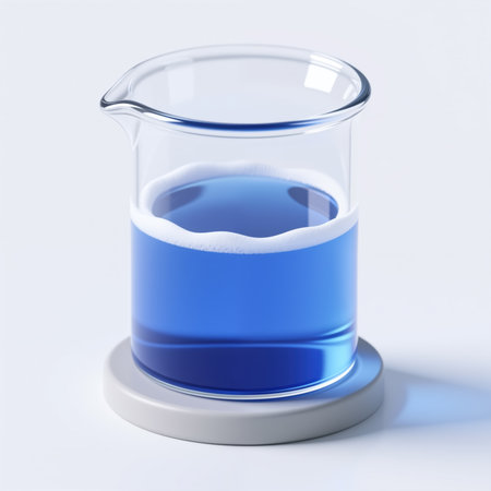 A highly realistic image of a blue liquid in a glass beaker, symbolizing a scientific experiment or a chemical reaction, on a white background.の素材